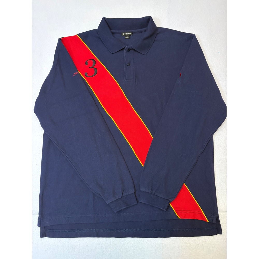 J. Peterman Mens Navy Blue Red Sash Number 3 Long Sleeve Polo Shirt Large